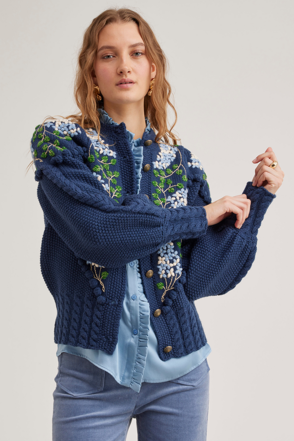 Holly Cardigan Navy Blue Lilacs – Handknitted & Handembroidered