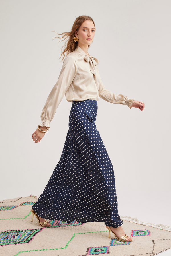 Ivy Silk Skirt, Navy Dot