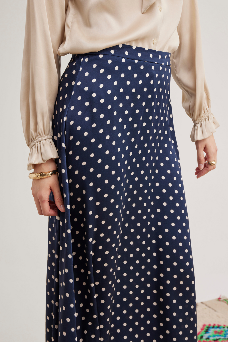 Ivy Silk Skirt, Navy Dot