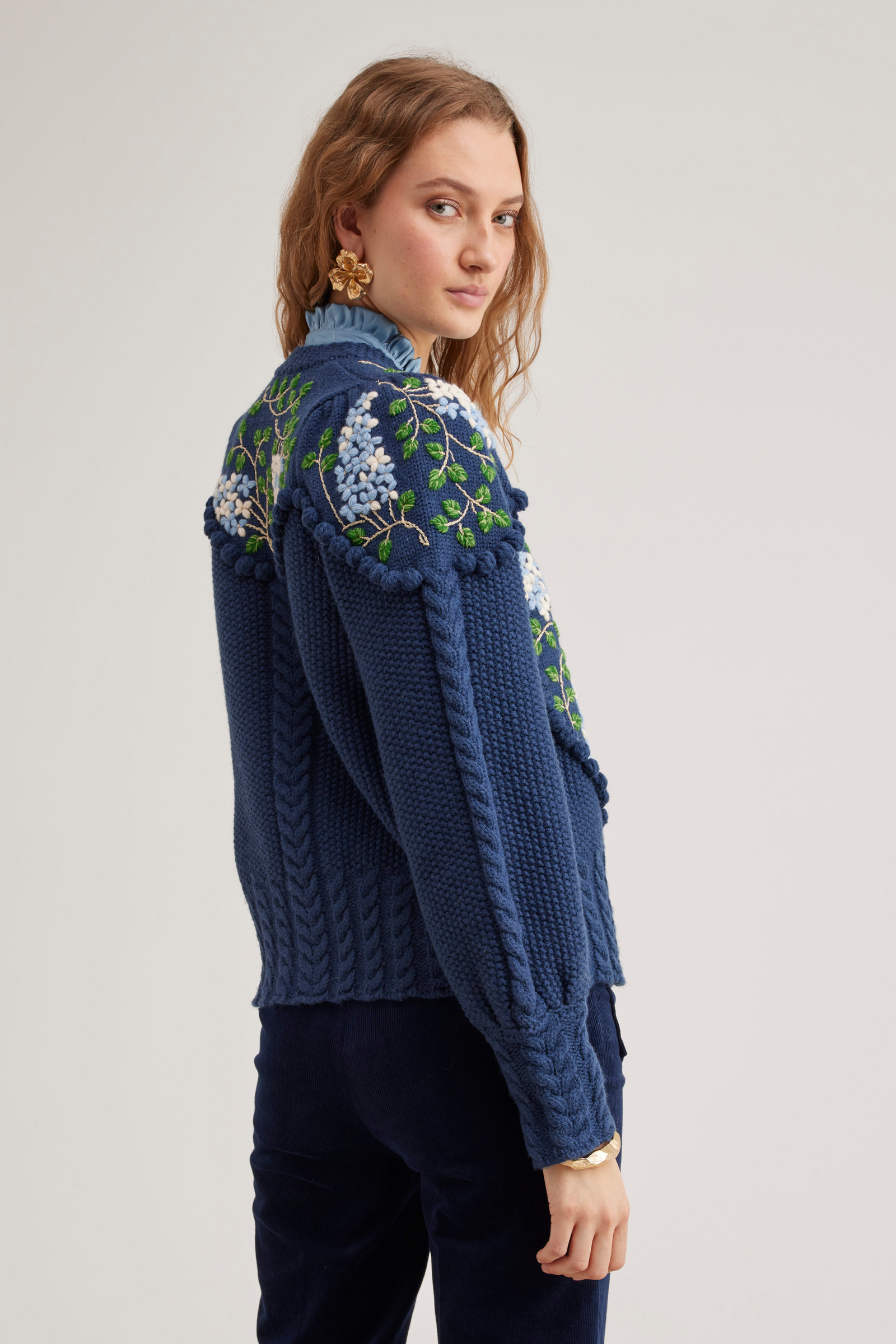 Holly Cardigan Navy Blue Lilacs – Handknitted & Handembroidered